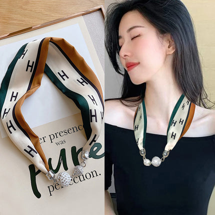 2026 New Magnetic Buckle Small Silk Scarf with Geometric Patterns and Rhinestones, Magnetic Necklace Scarf, Women's Hairband Scarf