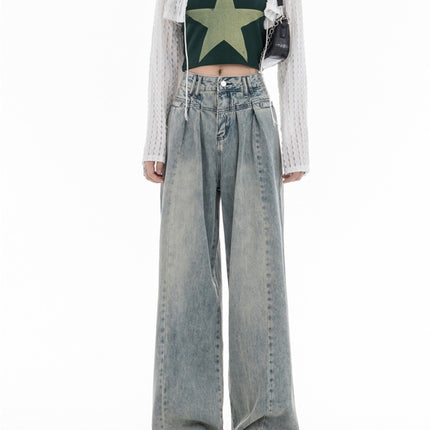 Retro Draped Jeans for Women, Summer Style, High-Waisted Hot Girls, Loose Casual Straight-Leg Floor-Length Wide-Leg Pants