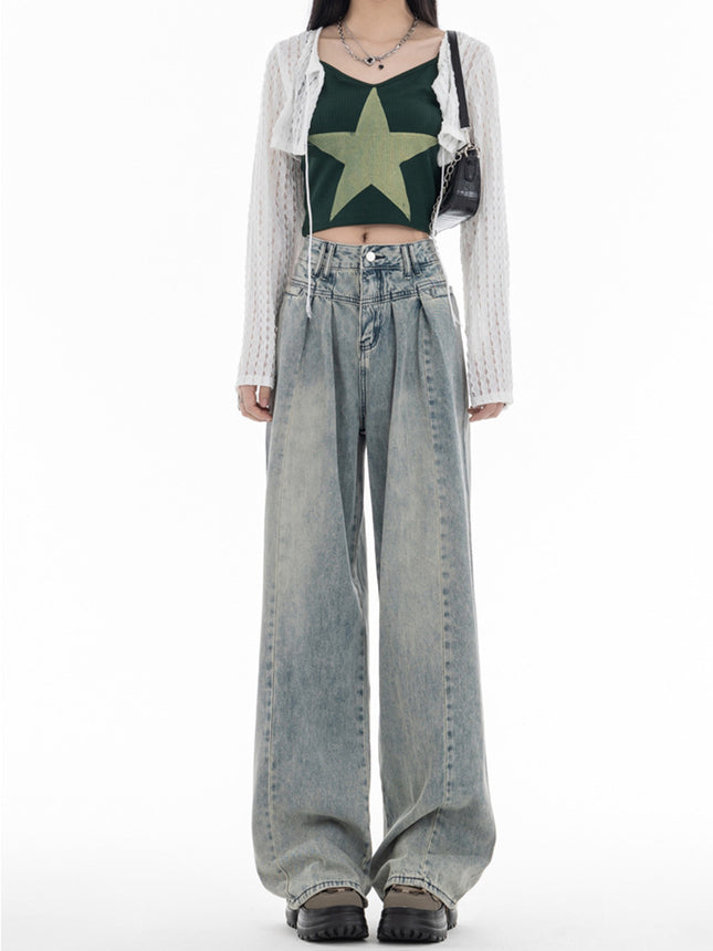 Retro Draped Jeans for Women, Summer Style, High-Waisted Hot Girls, Loose Casual Straight-Leg Floor-Length Wide-Leg Pants