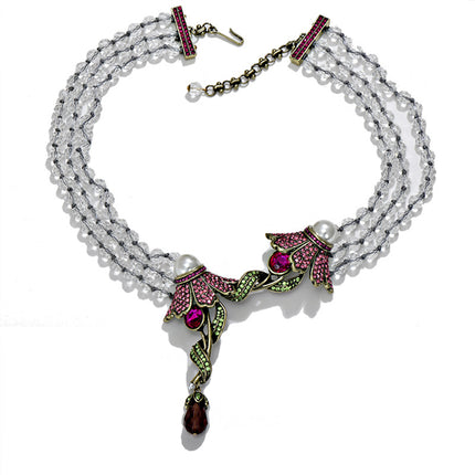 Exaggerated mid-ancient light luxury Iris full Diamond Pearl Crystal necklace suit fashion luxury crystal stud earrings necklace