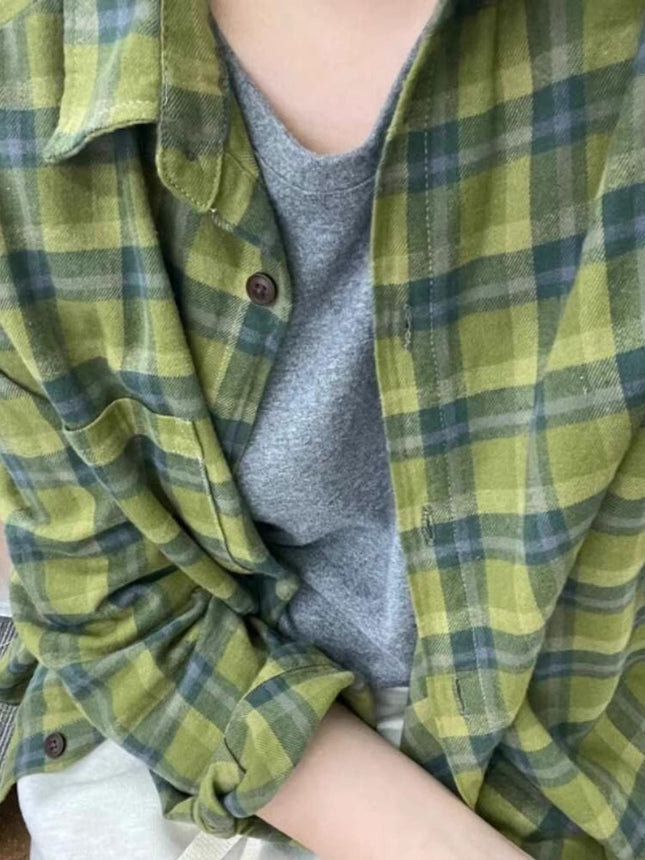 American Retro Green Plaid Shirt Women's 2025 Spring New Design Sense Niche Loose Long Sleeve Shirt Jacket