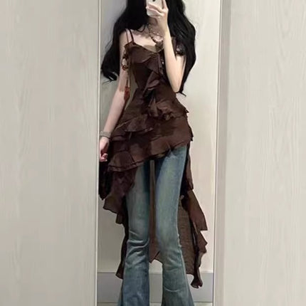 French Irregular Tea Break Sexy Side Suspender Dress for Women Summer Small Lotus Leaf Design Seaside Vacation Long Dress