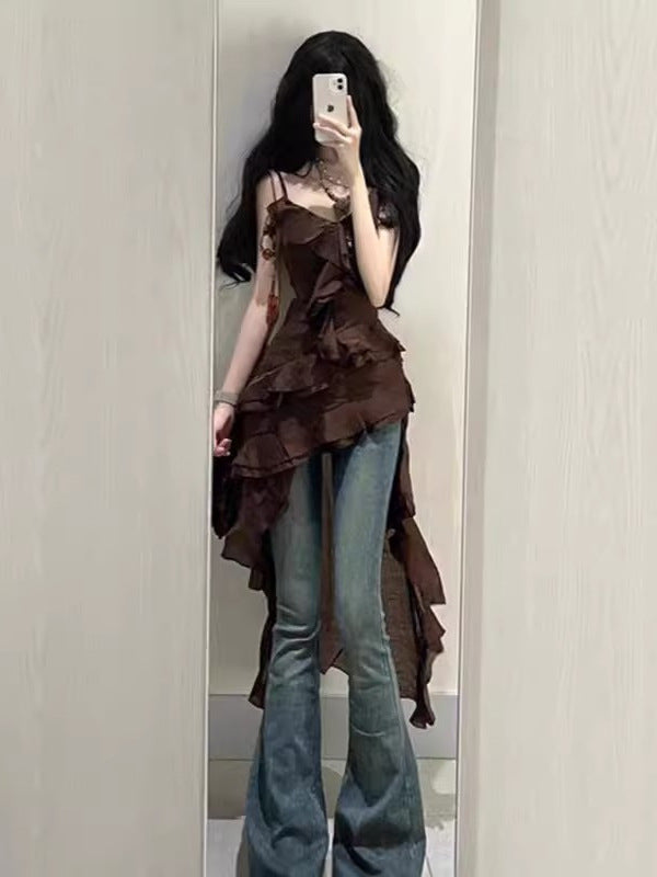 French Irregular Tea Break Sexy Side Suspender Dress for Women Summer Small Lotus Leaf Design Seaside Vacation Long Dress