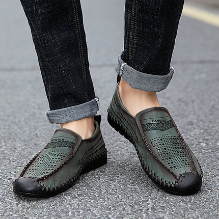 Cross-Border Hot-Selling Spring and Summer New Products Hand-Stitched Casual Men's Shoes Fashionable Hollow Versatile Breathable Genuine Leather Beanie Shoes