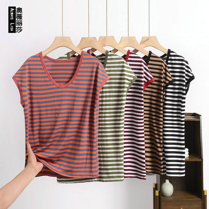 Cross-border Loose plus size Modal Sleeveless Round Neck Striped T-shirt Summer Thin Loose Slimming Casual Base Shirt