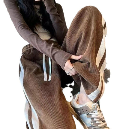 Striped corduroy pants women's fleece-lined thickened narrow wide-leg casual slimming high waist straight mop pants