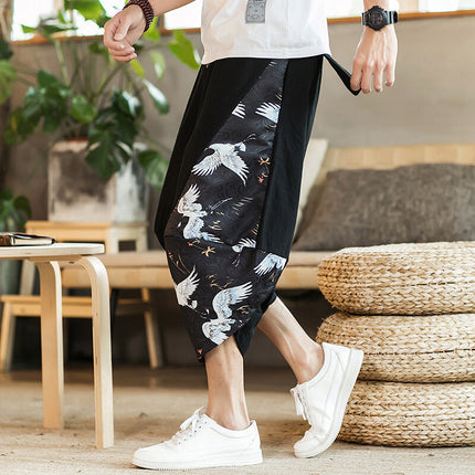 Beach Floral Shorts Men Summer Thin Thai Carrot Pants Chinese Style Loose Casual Cropped Printed Pants Trendy