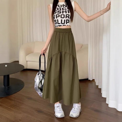 Summer Army Green pleated pleated skirt for children 2024 new small elastic waist A- line long skirt worker