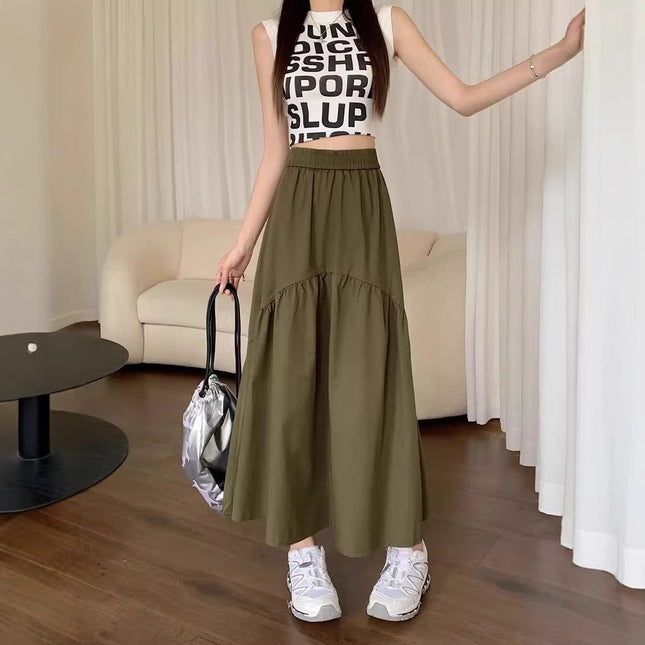 Summer Army Green pleated pleated skirt for children 2024 new small elastic waist A- line long skirt worker
