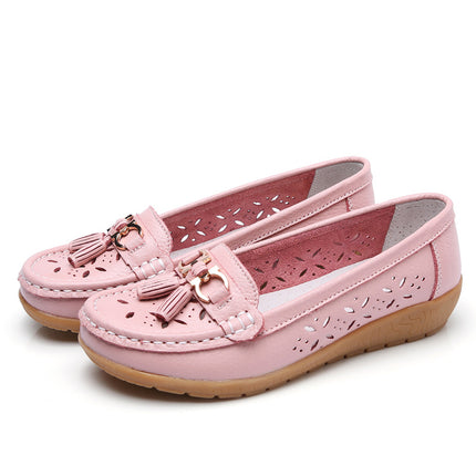 Summer Hollow New Leather Shoes for Middle-Aged and Elderly Mothers, Women's Single Shoes, Bean Shoes, Women's Soft-Soled Wedge-Heeled Clogs, Women's Shoes