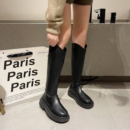 New Autumn and Winter Platform Thick-Soled High Boots for Women, Fleece-Lined, Height-Increasing, Slimming Knight Boots, Large-Toe Zipper Boots