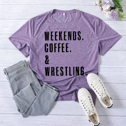 Cross-border Amazon WEEKENDS COFFEE WRESTLING printed short-sleeved women's top T-shirt European code