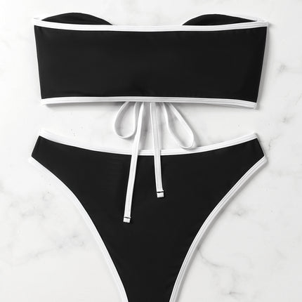 European and American Style Sexy Bandeau Bikini Swimsuit for Women, Solid Color with Chest Pads, Simple Cross-Border Two-Piece Swimsuit