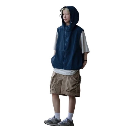 Japanese Style Retro Waffles Hooded Vest Men's and Women's Loose Overalls Sleeveless Stacked Jacket Fashionable navy blue