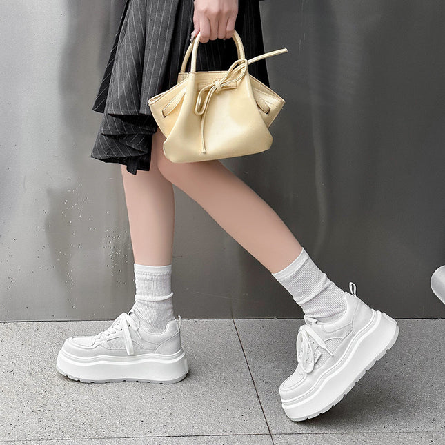 Mesh Sneakers for Women 2026 Summer New Casual Genuine Leather Thick-Soled Versatile Breathable Absorbent Sole White Shoes
