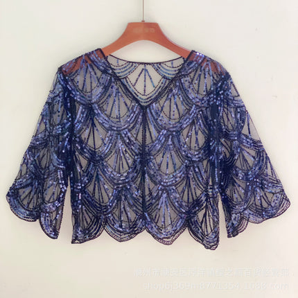 New Sequin Seven-sleeve Small Coat Short Cardigan Cheongsam Outer Waistcoat Small Shawl Waistcoat Ball Thin Shawl Women