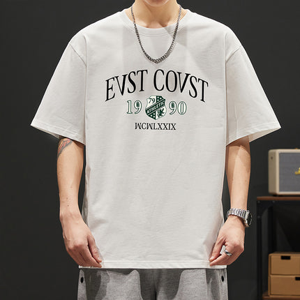 2024 new summer heavy 260g cotton T-shirt men's short sleeve loose printed T-shirt trendy top men's clothing