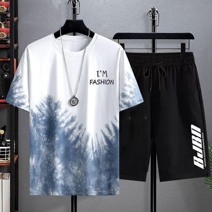 New Quick-drying Ice Silk Gradient suit Men's Short-sleeved T-shirt Summer Casual Shorts Sports Two-piece Handsome Men's Wear