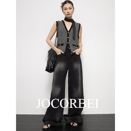 JOCORBEI [retro gradient washed black] high waist wide leg floor jeans women's large straight tube grandma pants