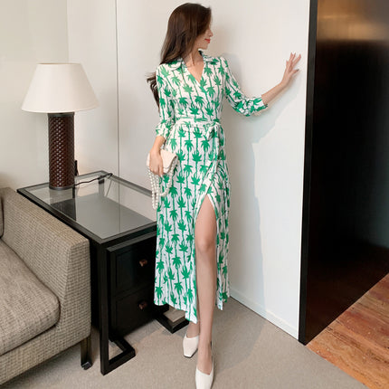 Foreign trade women's clothing real shot in stock wrap dress v-neck green slimming long elegant slim women's waist one-piece