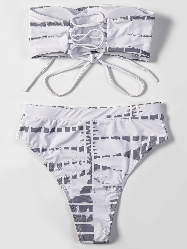 Billion Swimming European and American 2024 New Strapless Printed Cross Strap High Waist Bikini Women's Sexy Split Swimsuit Cross-border
