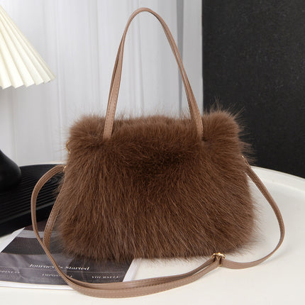 Autumn and Winter Fashion Single Shoulder Crossbody Bag Faux Fox Fur Women's Bag Fresh Versatile Solid Color Plush Small Square Crossbody Bag
