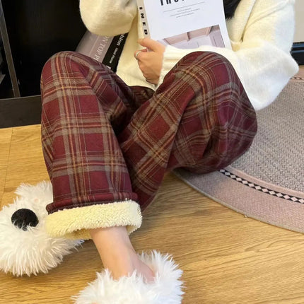 [Add fertilizer to increase] winter fleece-lined thick lambswool plat pants women's high waist warm casual pants