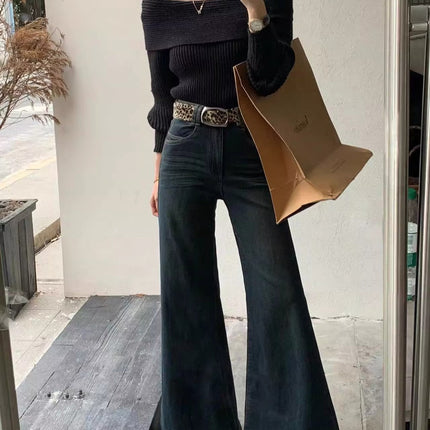 Fleece-Lined, Thickened, Warm, High-Waisted, Slightly Flared Jeans for Women, 2025 Winter, Vintage, Slimming, Drapey, Flared Floor-Length Pants