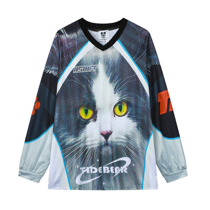 American Casual Couple Sports Mesh Ball Suit V-Neck Different Pupil Cat Face Large Printed Retro Contrast Color Long Sleeve T-Shirt for Men and Women