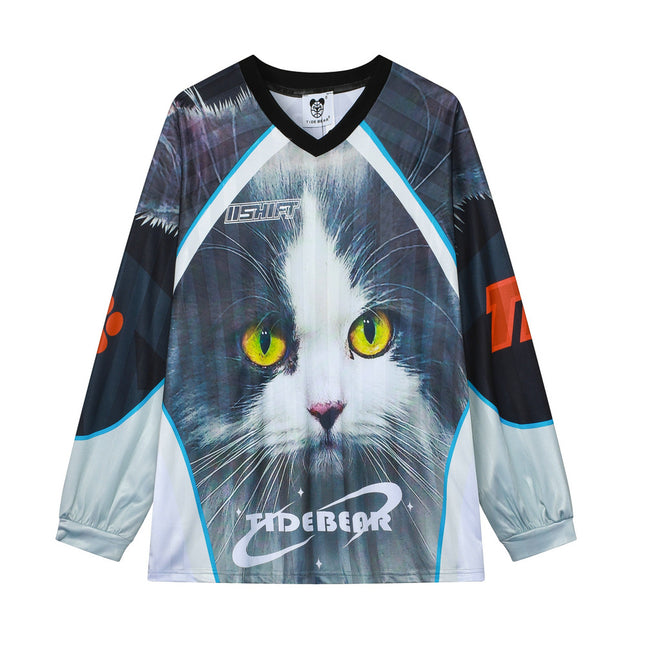 American Casual Couple Sports Mesh Ball Suit V-Neck Different Pupil Cat Face Large Printed Retro Contrast Color Long Sleeve T-Shirt for Men and Women