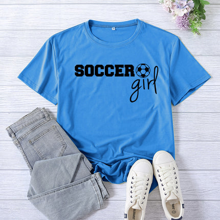 Amazon cross-border foreign trade soccer girl printed women's round neck top T-shirt summer casual European size plus size