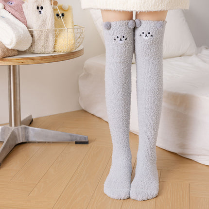 Autumn and Winter Over-The-Knee Extended Coral Floor Socks Cartoon Sleeping Long Tube Warm Plush Embroidered Cute High Socks