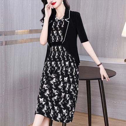 2025 Autumn New Miyake Pleated Fashion Suit Dress for Women, Elegant Small Blazer with Printed Dress Two-Piece Set