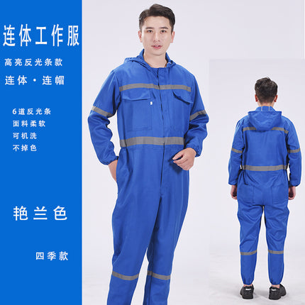 One-Piece Work Clothes for Men, Long-Sleeved, Reflective Strips, Hooded Labor Protection Clothing, Auto Repair Spray Painting, Ship Crew Uniforms, Dirt-Resistant, Wear-Resistant, Breathable