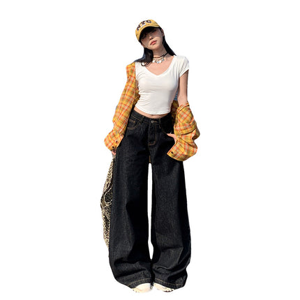 American-Style Wide-Leg Jeans for Women, 2025 Autumn and Winter New Style, Fleece-Lined, Straight-Leg, Loose, High-Waisted, Slimming, Thin Fleece, Floor-Length Pants