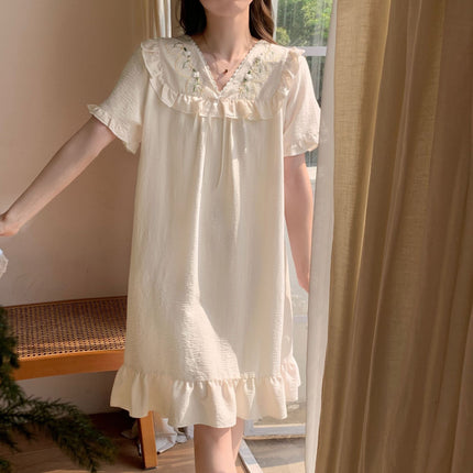 Oh Mi Da Summer New Sweet Court Princess Wind Clouds Cotton Mid-length Women's Short-sleeved dress Home Clothes