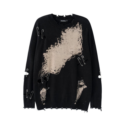 TIDE CARD LOG | Autumn and winter high street fashionable design faded pin ripped couple round neck loose sweater