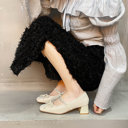 Bow Rhinestone Thick Heel Mary Jane Pumps for Women 2025 New French Champagne Color High Heels for Women with Skirts