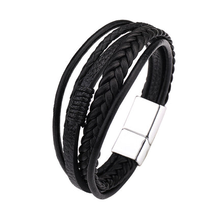 2020 new jewelry cowhide rope woven leather men's bracelet high-grade alloy magnetic buckle leather bracelet cross-border hot sale