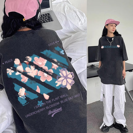 American Retro Pure Cotton Washed Distressed Large Size Short-Sleeved T-Shirt Women's Trendyy Hip-Hop Ins Couple Hong Kong Style Round Neck Top