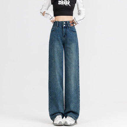 Women's Versatile Retro Blue Floor-Length Pants, Stylish High-Waisted Straight-Leg Jeans, Slimming 2025 Drapey Wide-Leg Pants, Trendy