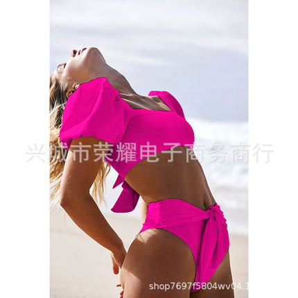 Amazon Swimsuit Women 2021 New Bikini Short Sleeve Swimsuit Women 4 Color Puff Sleeve European and American Swimsuit Bikini