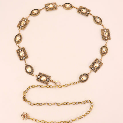 Cross-Border Vintage Bohemian Rhinestone Belt, Fashionable Hollow-Out Antique Silver Chain, European and American Luxury Rhinestone Waist Chain