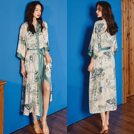 Yaoting New Style Satin Pajamas Women's Summer Large Size Light Luxury Seven-point Sleeve Cool Nightgown Bathrobe Home Clothes Women's WP2669