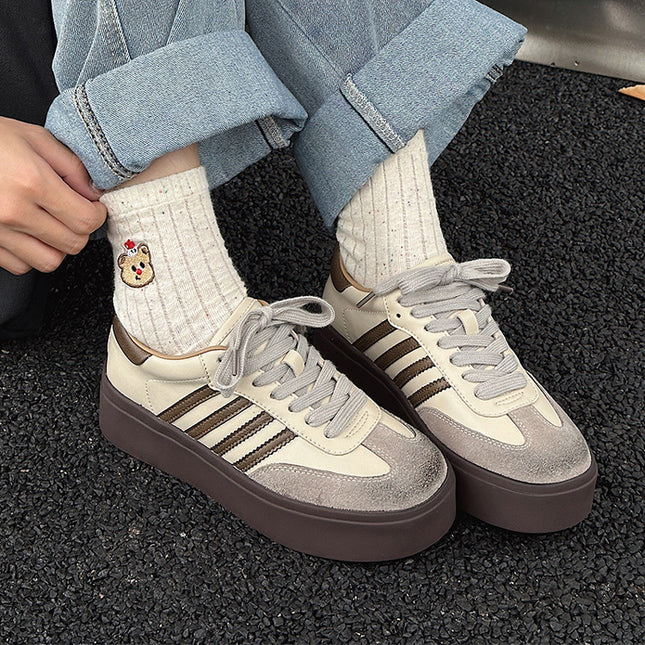 Genuine Leather Training Shoes for Women, 2026 Spring New Versatile Korean Style Slimming Thick-Soled Color-Blocking Comfortable Sports Casual Sneakers