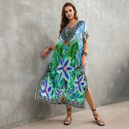 European and American new polyester printed beach dress loose bikini swimsuit cover shirt seaside vacation sun protection shirt for women