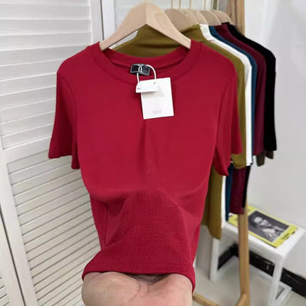 European New plus size Solid Color Loose Elastic Thread Short-sleeved T-shirt Women's Base Shirt Top Fashionable Green Shirt
