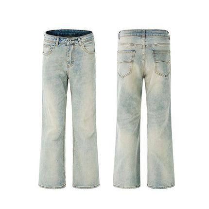 Jiamu American High Street Whiskered Baggy Jeans Unisex Versatile Wide-Leg Jeans for Men and Women Loose and Slightly Flared