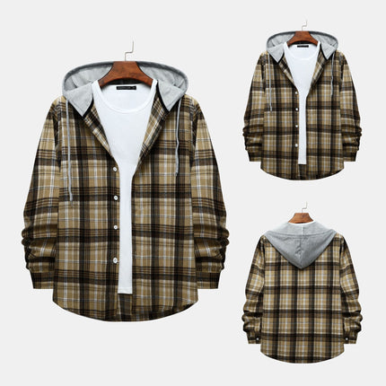 Cross-border Hooded Plaid Shirt Men's 2024 Foreign Trade Autumn Harajuku Style Plaid Hooded Shirt Men's Hong Kong Style Casual Shirt