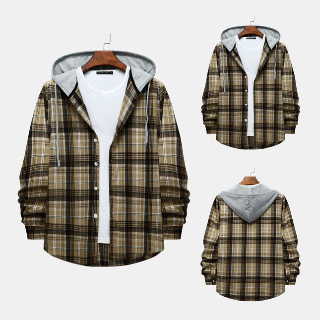 Cross-border Hooded Plaid Shirt Men's 2024 Foreign Trade Autumn Harajuku Style Plaid Hooded Shirt Men's Hong Kong Style Casual Shirt